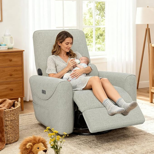 KINGYES Power Recliner Chair 270° Swivel Glider Living Room Recliner with USB-C Port Nursery Rocking Chair Gray