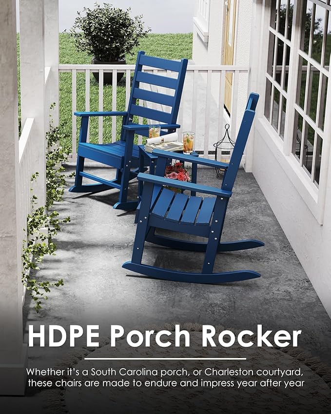GREENVINES Outdoor-Rocking-Chair | HDPE Plastic | Patio Rockers | Porch Rocker Chairs | Shaker | Oversized | High Ladder Back | Big &amp Tall | PentaLuxe | Blue