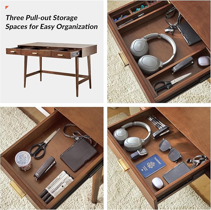 HULALA HOME 47 Writing Desk with 3 Drawers Wood Office Desk with USB Charging Staion Vintage Office Desk with Cable Management(Walnut)