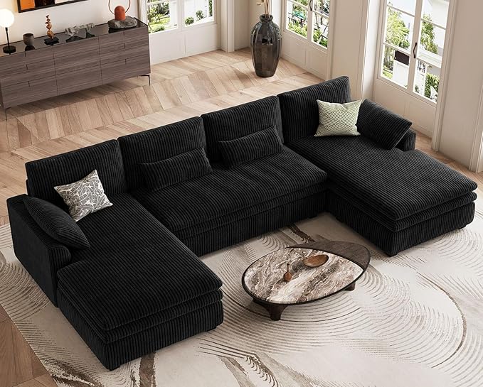 Belffin Large Modular Sectional Sofa with Double Deep Chaise 135 Corduroy U Shaped Sectional Couch with 9 Soft Dual-Layer 6 Seats U Shaped Couch for Living Room Apartment Black