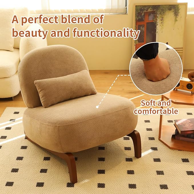 HAZO Cute Accent Chair with Solid Wood Legs Velvet Living Room Chair with Soft Cushion Cozy Bedroom Chair Comfy Armless Reading Chair for Apartment Waiting Room Balcony (Camel)