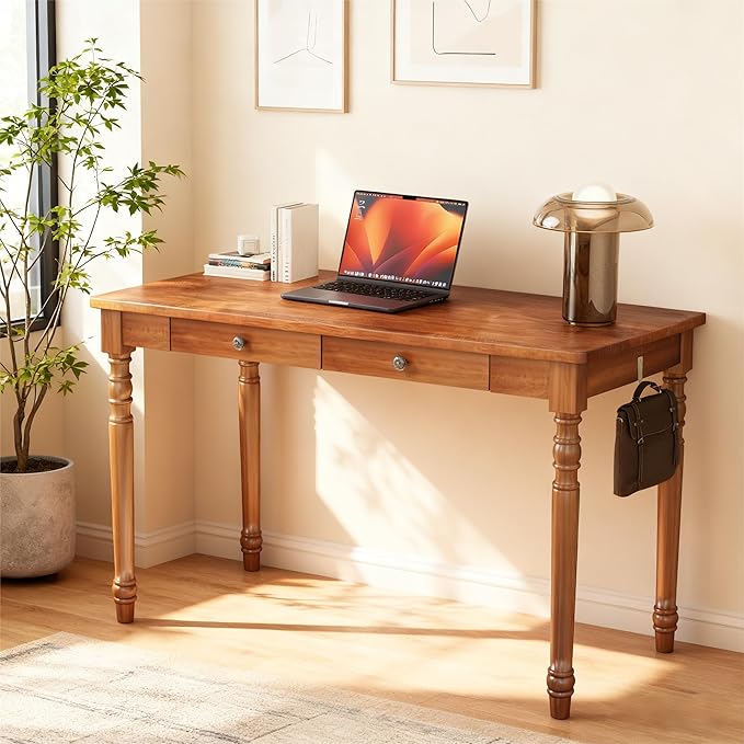 Mid Century Modern Desk 47 Vintage Solid Wood Desk with 2 Drawers Boho Writing Desk Computer Table for Home Office Bedroom Living Room
