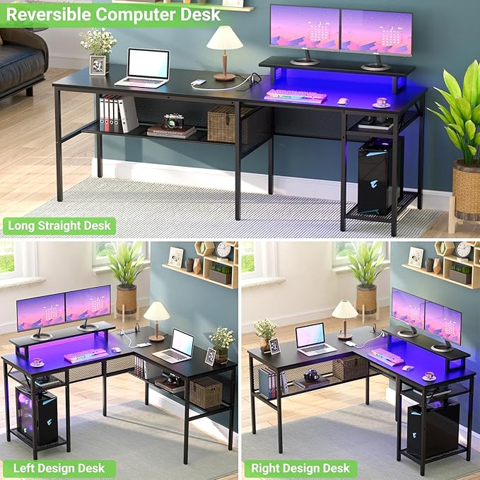 Unikito L Shaped Desk Reversible Corner Computer Desk with Magic Power Outlets and Smart LED Light Unique Grid Design 55 Inch Office Desk with Monitor Stand and Storage Shelf Black