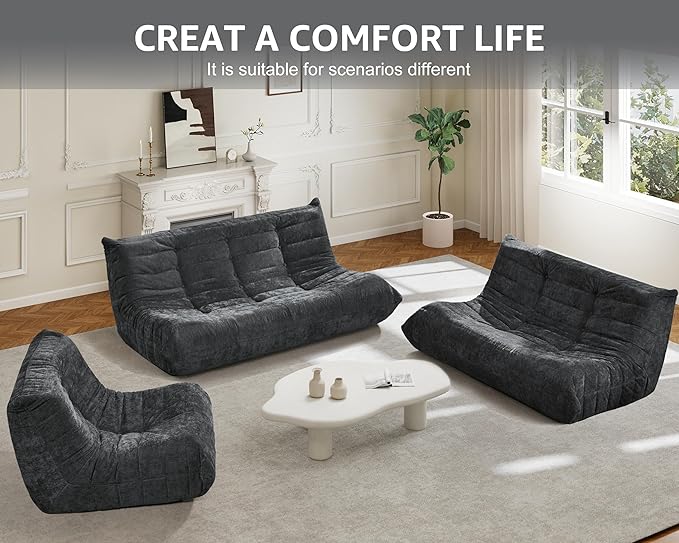Bean Bag Chairs for Adults Giant Bean Bag Chair Memory Foam BeanBag Chair Bean Bag Sofa with Filler Faux Fur Fireside Beanbags Lazy Sofa for Living Room Bedroom Office (Darkgrey Chenille Loveseat)