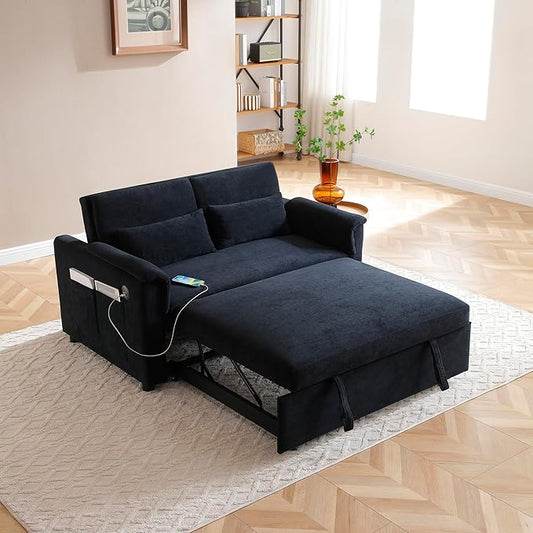 Livavege 55 Convertible Sofa Bed Velvet Pull Out Sleeper Sofa Couch Bed 3-in-1 Futon Loveseat with Adjustable Backrest USB Ports &amp 2 Side Pockets for Small Living Room Apartment Bedroom Bla