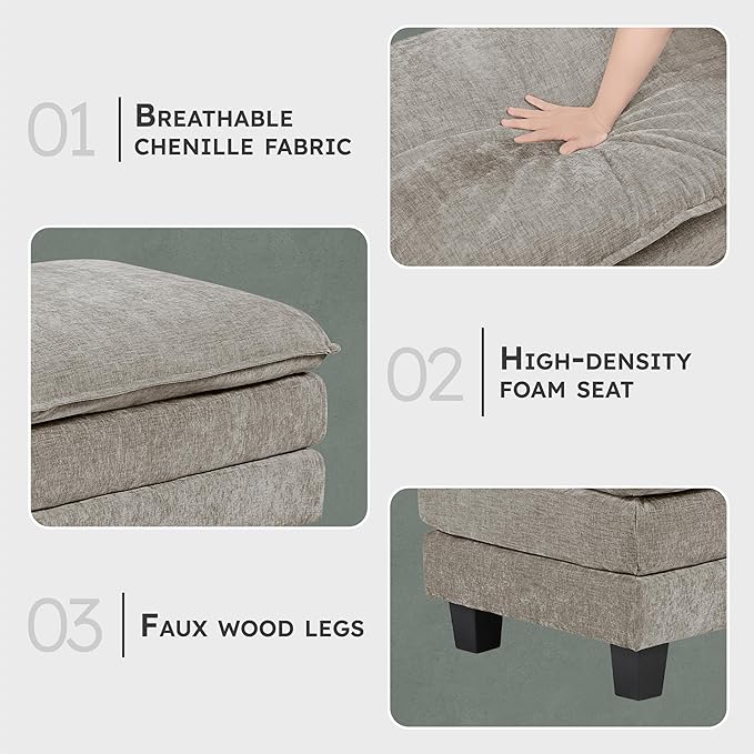 Lexicon Chenille Upholstered Rectangle Ottoman Foot Stool Black Faux Wood Feet Durable Frame Large Padded Modular Sectional Couch Add Ons for Living Room Bedroom Assembly Required Dark Pewter