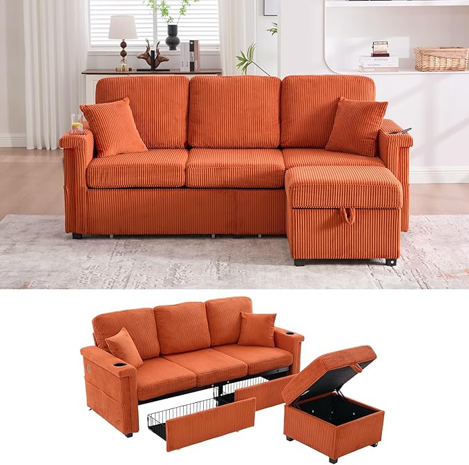 76'' Sectional Sofa Couches for Living Room 3 Seat L-Shaped Couch with Storage &amp Ottoman Corduroy Convertible Sofas with Chaise Apartment with USB Charging Cup Holder (Orange)