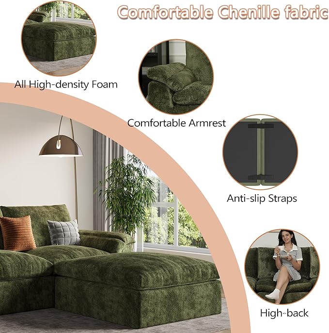 EASE MOOSE Cloud Couch Sectional Sofa L-Shaped Oversized Modular Couch for Living Room Boneless Convertible Couches 5-Seat Deep Sofas for Bedroom Chenille (Green)