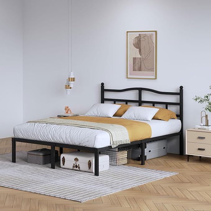 14 Inch Metal Bed Frame - Full Size Heavy Duty Bedframe with Headboard Black Basic Steel Slats Platform No Box Spring Needed/Easy Assembly/Noise Free