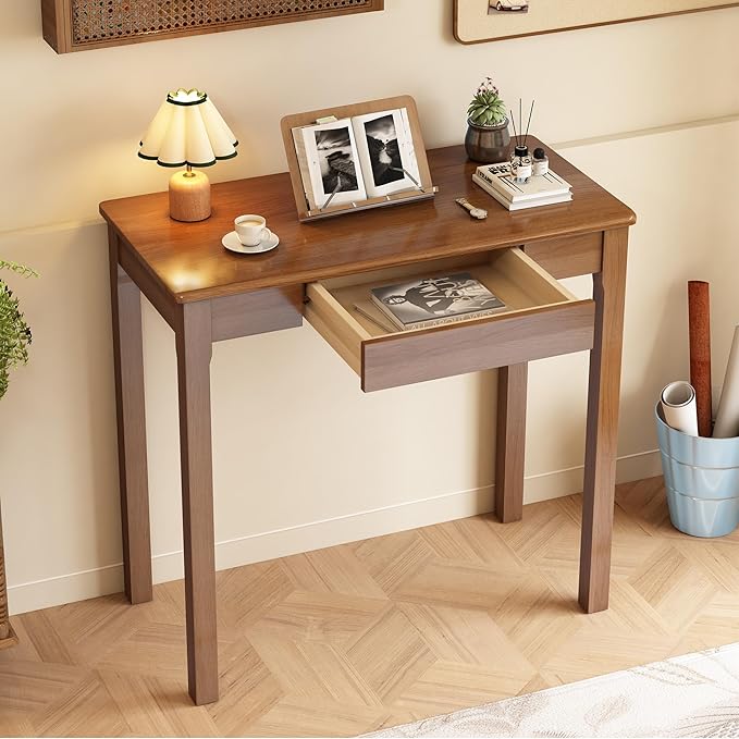 Solid Wooden Desk with Drawers - 32 x 16 Inch Narrow Desks Rubberwood Mid Century Modern Desks Small Writing Desk for Bedroom|Small Spaces - Walnut Color