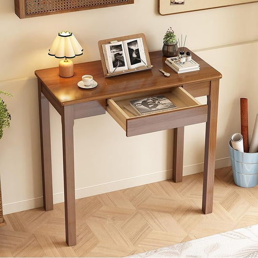 Solid Wooden Desk with Drawers - 32 x 16 Inch Narrow Desks Rubberwood Mid Century Modern Desks Small Writing Desk for Bedroom|Small Spaces - Walnut Color