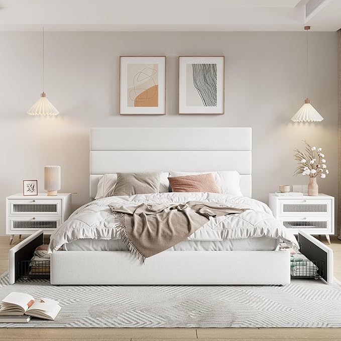 Allewie Modern Queen Size Platform Bed Frame with 4 Storage Drawers and Velvet Upholstered Headboard Wooden Slats Support Upholstered Mattress Foundation/No Box Spring Needed/Easy Assembly White