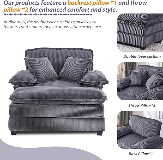TTK Oversized Chaise Lounge Chair with Ottoman - 39.17 Wide Modern Sleeper Sofa for Living Room Bedroom &amp Office - Deep Seat Sectional Couch with Pillow Comfortable Reading ChairGray