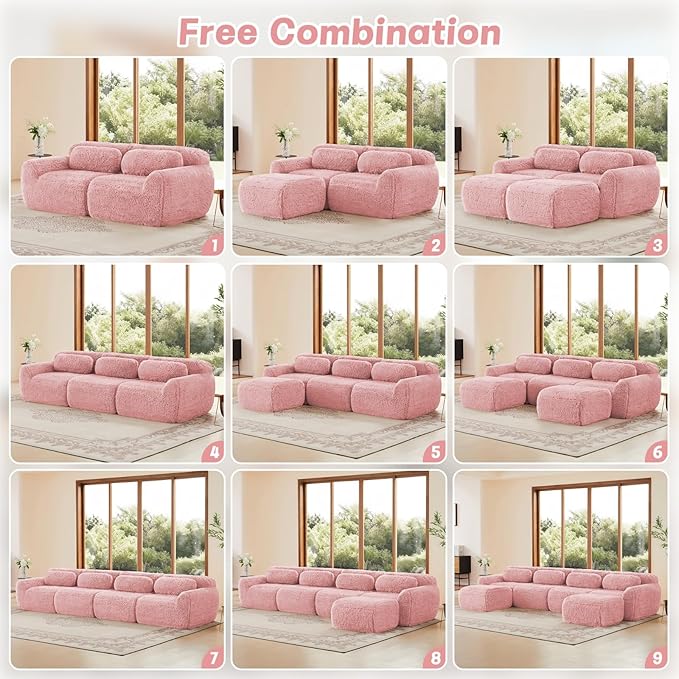 114 Modern Modular Boneless Sectional Couches for Living Room 3 Seater Deep Seat Compressed Sofa No Assembly Required Plush Fabric Fabric Cloud Comfy Sofa Set Pink