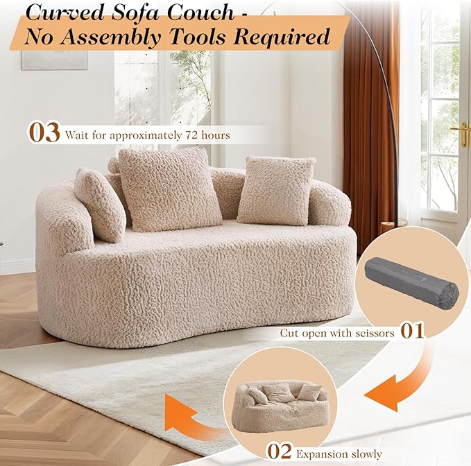 Curved Loveseat Sofa Couch Luxury Deep Seat Loveseat Sofa Couch for Small Place Modern Cloud Couch Floor Couch with 3 Pillows for Living Room &amp Bedroom No Assembly Required (Beige)