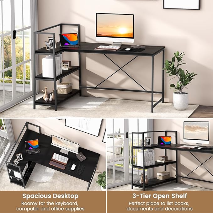 Tangkula Reversible L-Shaped Computer Desk Space Saving Corner Desk with 3-Tier Storage Shelves &amp Metal Frame Modern Executive Home Office Desk PC Laptop Desk Workstation for Small Space (Black