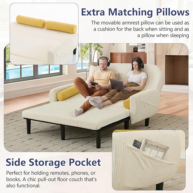 Convertible Sofa Bed 3 in 1 Pull Out Couch Futon Loveseat Sleeper with Adjustable Backrest Removable Armrests Side Pockets &amp USB Charging for Living Room Apartment Small Space (Ivory)