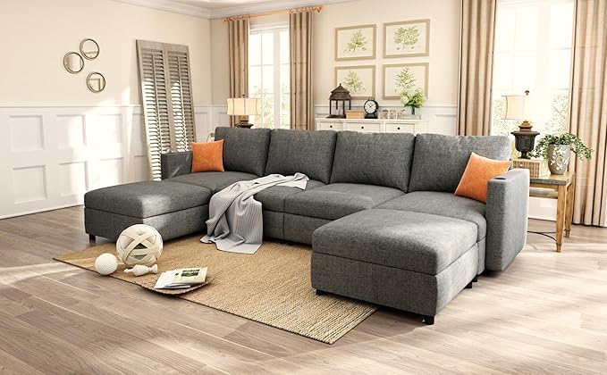 123 Large Modular Sectional SofaModern U-Shaped Sectional couch with Storage6-Seater Deep Seat Chenille Fabric Sofa for Living Room L-Shape Convertible with Movable Ottoman &amp Cup Holders (Grey