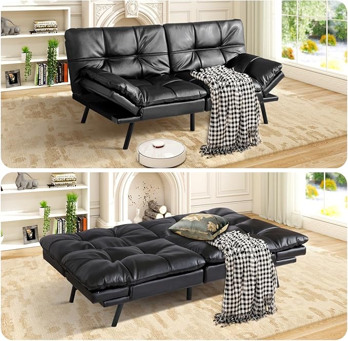 MUUEGM Black Futon Sofa Bed Leather Memory Foam Modern Office Couch Sleeper Bed Convertible Love seat Sofa for Small SpacesApartmentOffice with Adjustable Armrest Backrest