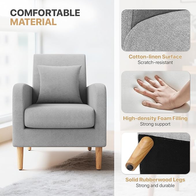 Magshion Mid-Century Accent Chair for Living Room Comfy Reading Chair for Bedroom Upholstered Linen Fabric Armchair Single Sofa with Back Pillow &amp Wood Legs 300 lbs Capacity Gray