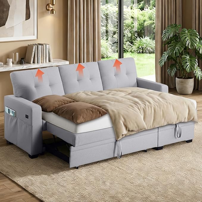 82 L Shaped Sleeper Sofa Bed: Sectional Sleeper Couch with Pull Out Bed Storage Chaise USB Charging 3 Seat Sectional Sofa Bed with Throw Pillow for Living Room (Linen Fabric Light Grey)