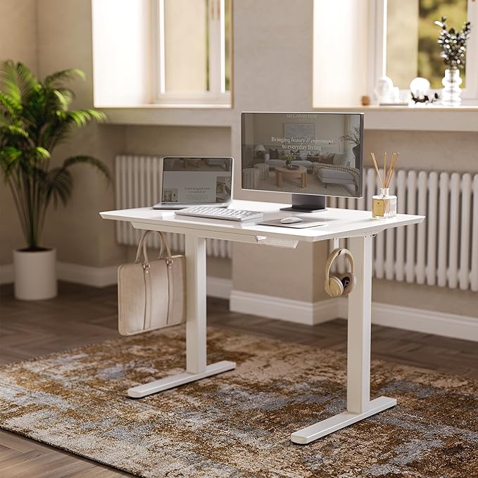 Claiks Glass Standing Desk with Drawers 40×24 Inch Adjustable Stand Up Desk Quick Install Home Office Computer Desk White