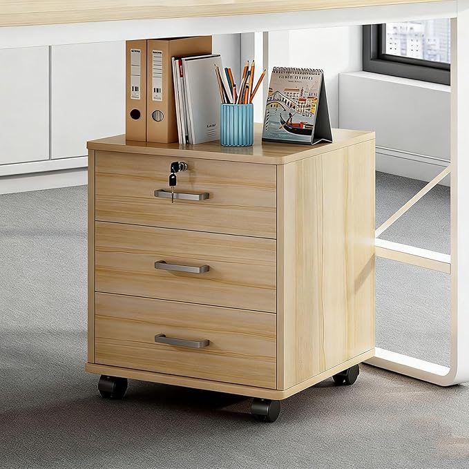 3-Drawer File Cabinet Mobile Filing Cabinet with Lock Wood Under Desk File Organizer for Home Office Storage Rolling Fits Letter/Legal/A4 Files Under Desk White/Black(Light Wood)