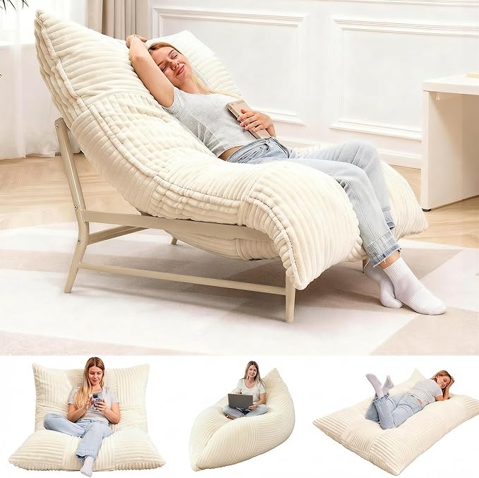 Modern Accent Chair Giant Bean Bag Lounge Chairs with Sturdy Metal Frame &amp Washable Cover Comfy Upholstered Chair for Reading Room Bedroom Cream