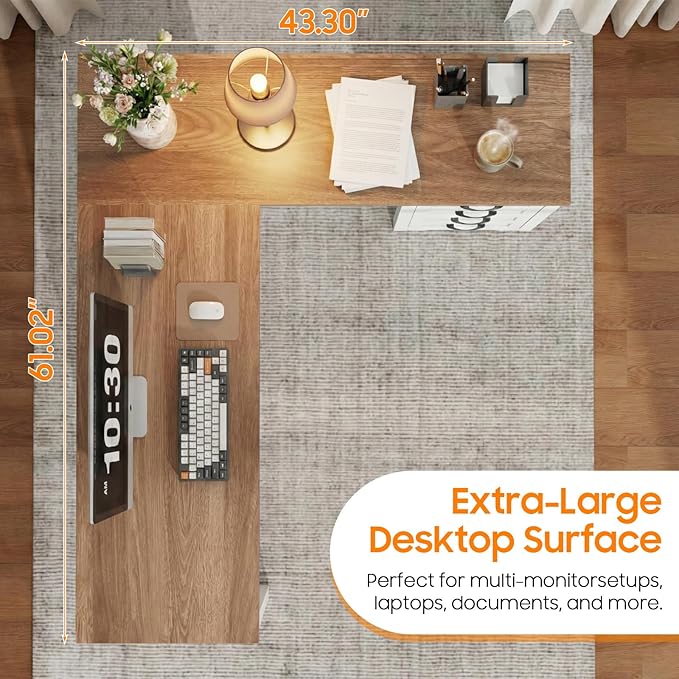 Vabches 61”Farmhouse L Shaped Executive Desk with Drawers Corner Computer Desk with Mobile CPU Stand Wood Writing Computer Desk for Work Study