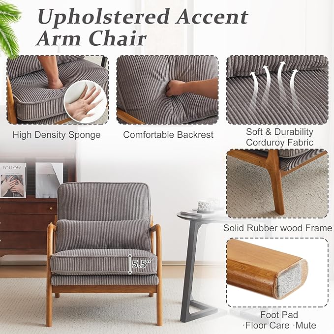 VINGLI Upgraded Premium Corduroy Accent Chairs Set of 2Upholstered Arm ChairSolid Wood Comfy Reading Chair with Lumbar Pillow Mid Century Modern Chairs for Living RoomBedroomLight Grey