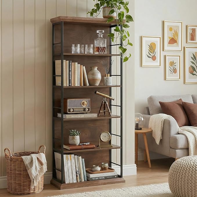 LITTLE TREE 5-Tier Bookcase 72 Inches Farmhouse Wooden Bookshelf Free-Standing Display Storage Shelves for Home Office Living Room Kitchen Room Brown