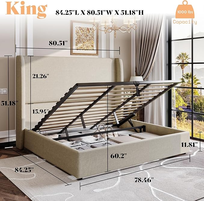 AMERLIFE Lift Up Storage Bed King Size Linen Upholstered Platform Bed Frame Hydraulic StorageModern Wingback Headboard No Box Spring Needed Khaki