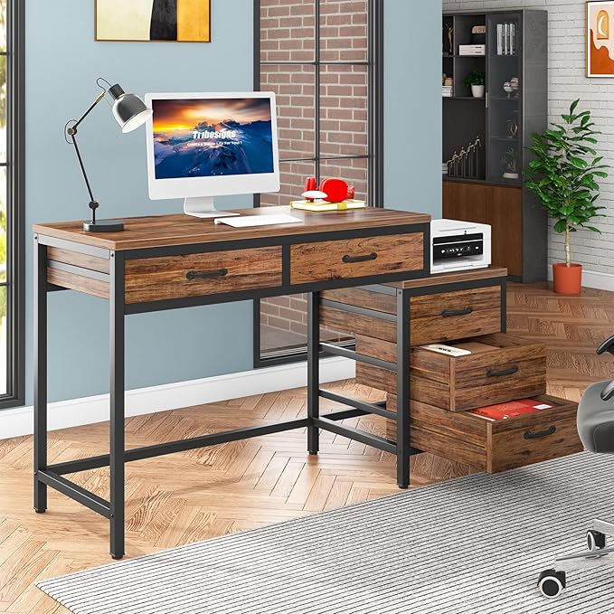 Tribesigns Computer Desk with 5 Drawers Home Office Desks with Reversible Drawer Cabinet Printer Stand Industrial PC Desk with Storage Rustic Study Writing Table Workstation for Small Spaces