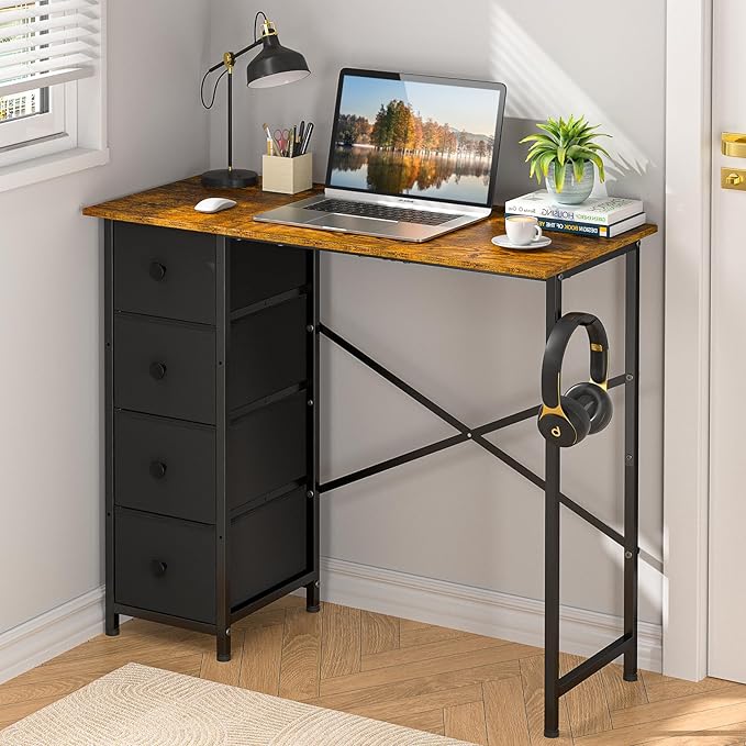 Small Computer Desk with 4 Fabric Drawers 36 Inch Reversible Writing Desk for Home Office Bedroom Modern Simple Kids Student Study Desk with Storage Compact Desk for Small Spaces Rustic Brown
