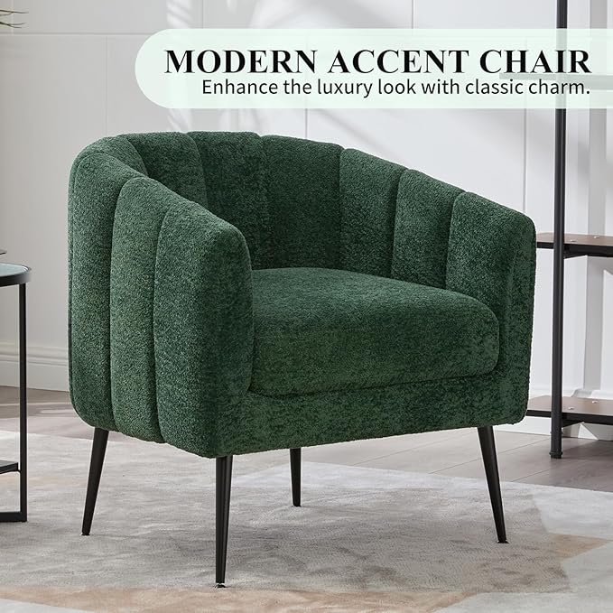 Modern Accent Chair Chenille Upholstered Accent Single Sofa with Metal Legs Tufted Lounge Chair with Wraparound Backrest Leisure Armchair for Living Room Office (Green)