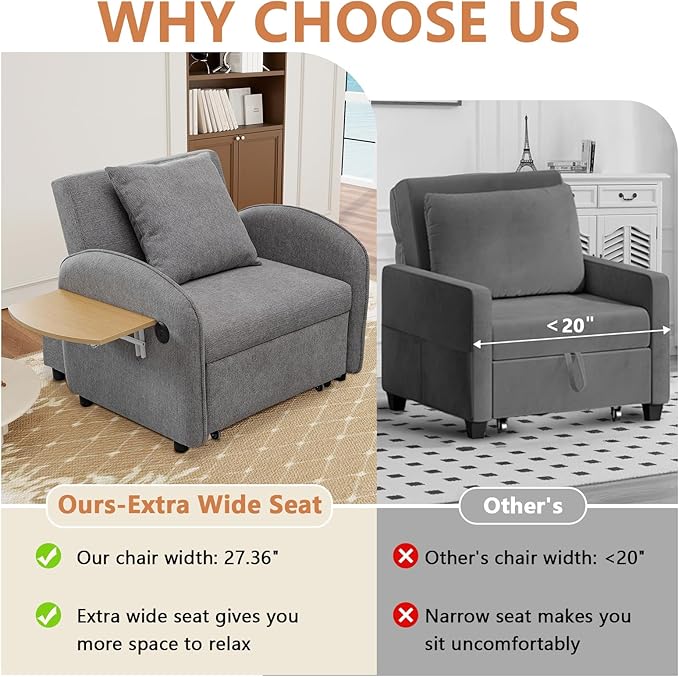 3-in-1 Convertible Sleeper Chair Pull Out Bed for Adults Fold Out Chair &amp Single Sofa Bed with USB Port &amp Foldable Table Pillow Adjustable Backrest for Dorm/Bedroom (Grey)