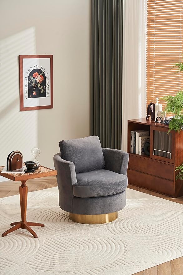 Velvet Swivel Barrel Chair Swivel Accent Chairs Armchair for Living Room Reading Chairs for Bedroom Comfy Round Barrel Chairs with Gold Stainless Steel Base (Grey)