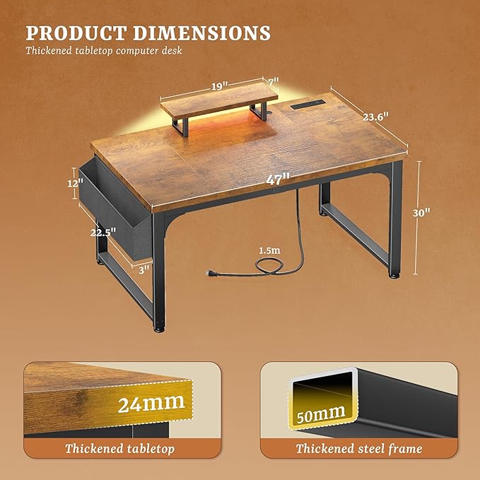 Computer Desk with 0.95 Inch Thicker Desktop &amp Monitor Stand &amp Storage Bag Office Desk with Power Outlets Gaming Desk with LED Light Writing Desk for Home Office Study Bedroom Brown