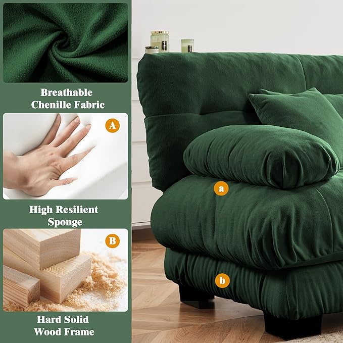 Oversized Modular Velvet Sectional Cloud Sofa Couch with Movable OttomanCorner Sofa with Comfortable Armrests Deep Seat Convertible L or U Shaped Couch (Dark Green 2 Seat +2 Ottoman)