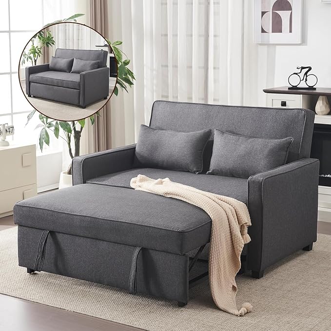 Furnimart Convertible 3-in-1 Sofa Bed with Adjustable Backrest Metal Frame Pull Out Couch Loveseat Sleeper Linen Sleeper Sofa for Living Room Apartment Small Space (Gray)