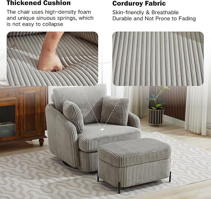 Chifee &amp Vingol 40.6 Oversized Swivel Accent Chair with OttomanCorduroyGray