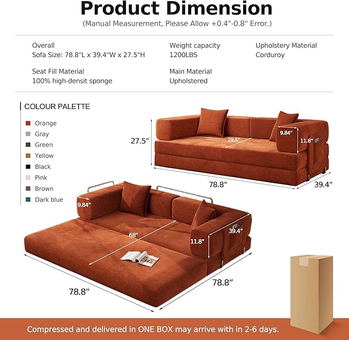 MoonSpeak 78.8''Sleeper Couch Bed for LivingroomConvertible Modular Sofa with Armrest PillowModular Foldable Corduroy Couches in a BoxNo Assembly (Orange)