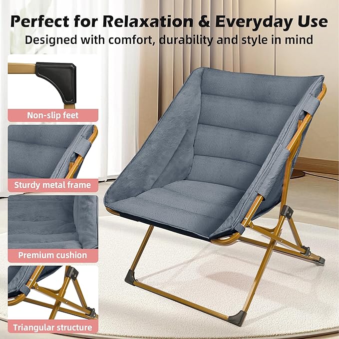 Comfy Saucer Chair for Adults Soft Faux Fur Bedroom Chair Cozy Folding Lounge Chair Reading Chair for Living Room Dorm &amp Bedroom Grey