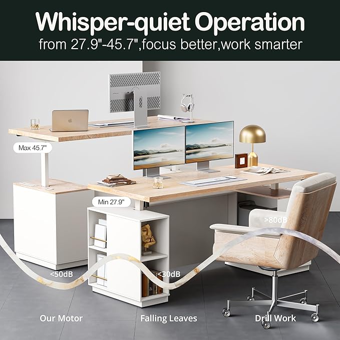 71 Standing Desk with 2 File Cabinet AC/USB 1.18 Desktop L Shaped Height Adjustable Desk Electric Furniture Set with Multiple Functions for Home and Office Light Walnut
