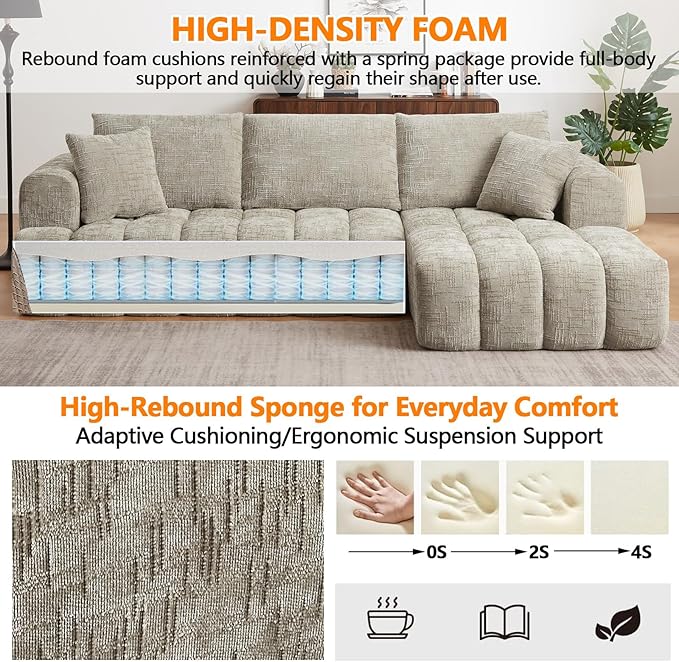 Luxury 108 Sofa with Oversized Chaise L-Shaped Chenille Modular Cloud Couch with Deep Seat &amp 2 Pillows Orange Boneless Couches for Living Room Apartments Homes (Khaki Left Facing Chaise)