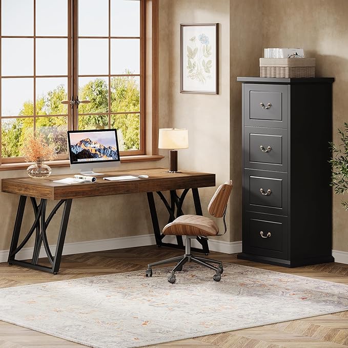 Tribesigns 4-Drawer File Filing Cabinet Vertical File Cabinet Office Wood Filing Cabinet for A4 / Letter Size Narrow Tall File Storage for Home Office Black