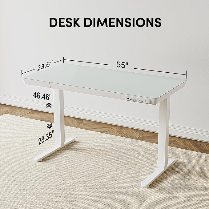 BANTI Electric Standing Desk with Drawers 55 inch Whole-Piece Glass Desktop Height Adjustable Stand up Sit Stand Home Office Ergonomic Workstation White Tabletop