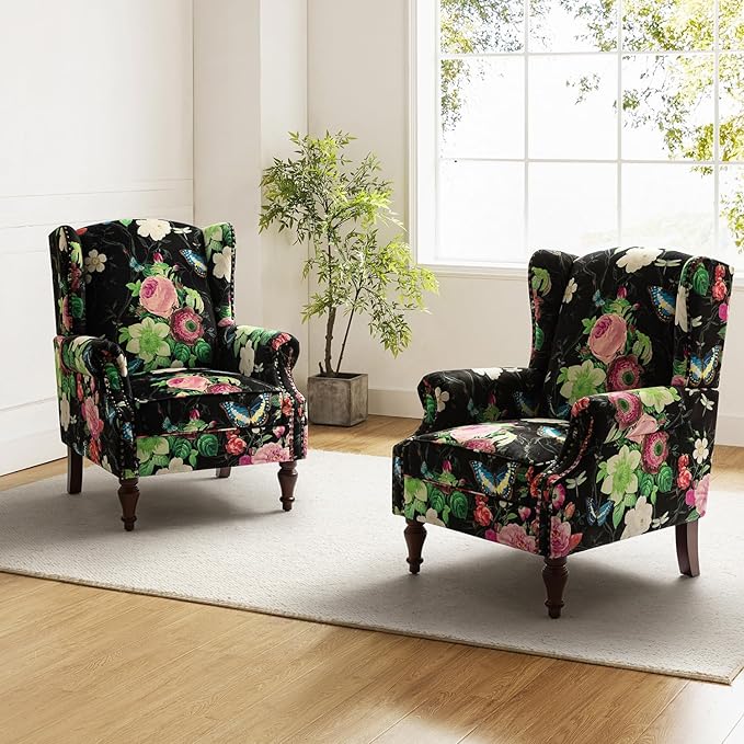 HULALA HOME Wingback Accent Chairs Set of 2 with Floral Pattern Design Traditional Fabric Armchairs with Nailhead Trim and Retro Wooden Legs Black
