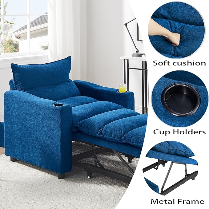 3-in-1 Convertible Sleeper Chair Bed Adjustable Pull-Out Sleeper Sofa Chair Modern Futon Sofa Bed Loveseat with Adjustable Backrest for Living Room Small Space (Blue 36 W)