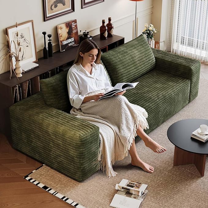 63 Cloud Loveseat Sofa Modern Corduroy Boneless Couch with Deep Seat Memory Foam Comfy 2 Seater Foam Floor Couches for Living Room Bedroom Apartment No Assembly Required Green